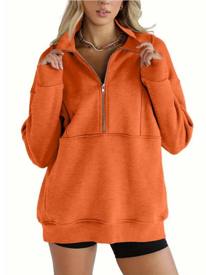 Damen-Sweatshirts mit halbem Reißverschluss, Fleece, Stehkragen, lange Ärmel, Daumenloch, übergroße Pullover mit Taschen