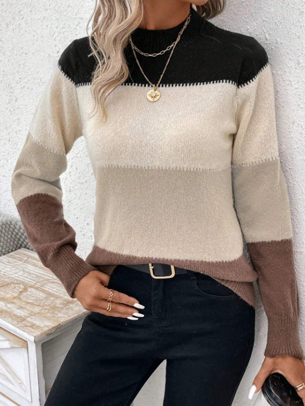 Autumn Winter Contrast Color Sweater  Women's Pullover round Neck Long Sleeves Knitwear Casual All-Matching Tops