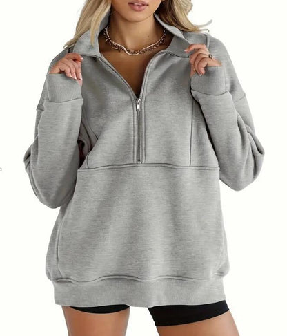 Damen-Sweatshirts mit halbem Reißverschluss, Fleece, Stehkragen, lange Ärmel, Daumenloch, übergroße Pullover mit Taschen
