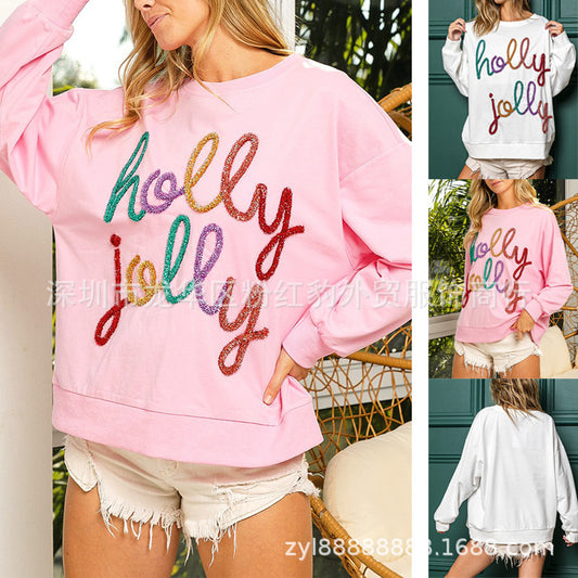 European and american hot2023Winter New Women's Clothing Letter Crew Neck Long Sleeve Loose Casual Christmas Pullover Sweater