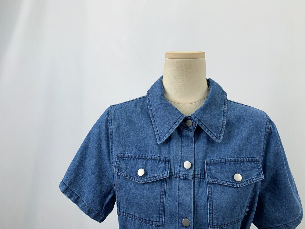Women's Blue Denim Short Sleeve Shirt Dress with Belt Front Slit Midi Length Plus Size M L XL XXL 3XL 4XL - Seldom Seen Styles