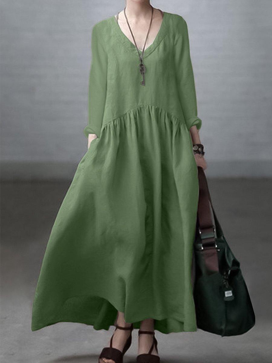 Simple and Loose V-neck Cotton and Linen Dress - Seldom Seen Styles