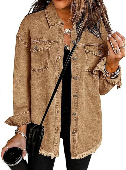 Jean Jackets for Women Ripped Fringe Denim Jean Jacket Casual Long Sleeve Pockets Jackets Coat Fabric Fashion Womenswear Soft – Back to School Outfit Idea