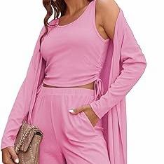 Cozy New  Women's 3 Piece Knit Lounge Set Long Sleeve Cardigan Sleeveless Top Pants Sweatsuit S-XXL
