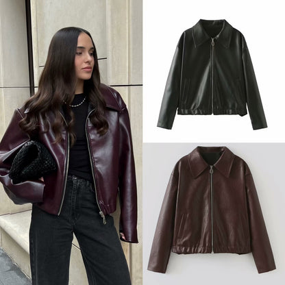 Women's Clothing   Solid Color Square Collar Leather Jacket Coat