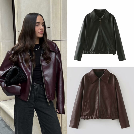 Cross-Border European and American Women's Clothing Hot Sale at AliExpress Solid Color Square Collar Leather Jacket Coat