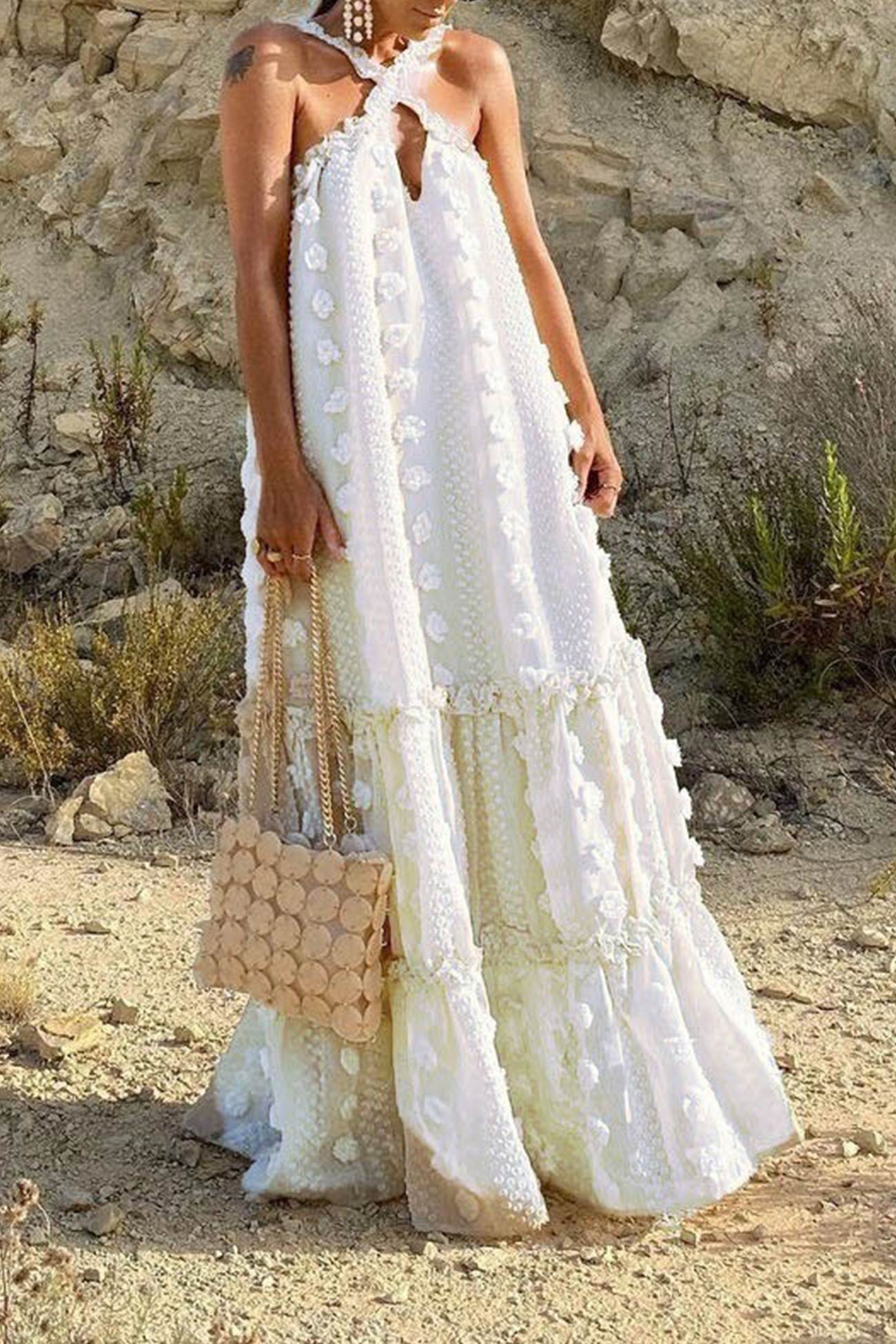3D Floral Criss-cross Halterneck Maxi Dress - Seldom Seen Styles