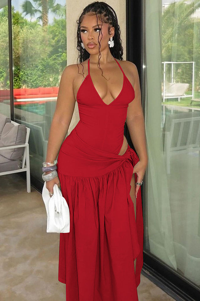 Women's White Halter Maxi Dress High Split Resort Vacation Dress - Seldom Seen Styles