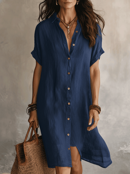 Modernes Boho-Kleid aus schwarzem Leinen, entspannt geschnitten und knielang