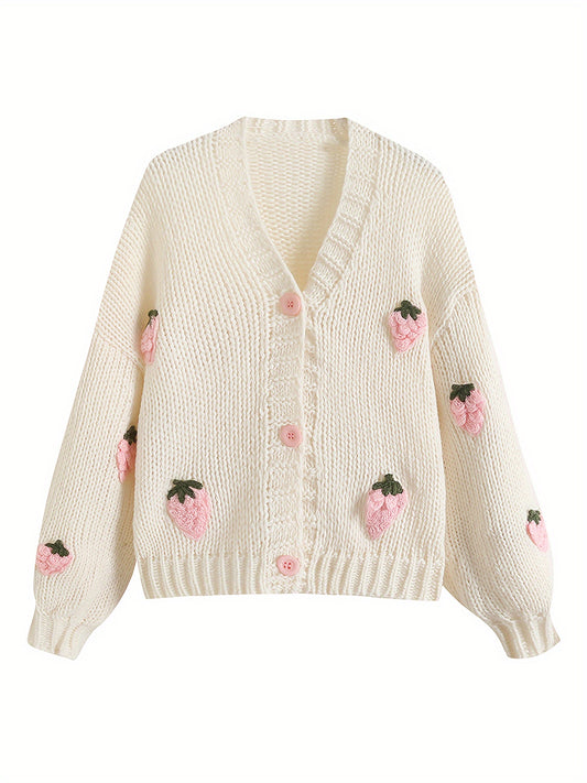 Strawberry Pattern Button Front Knit Cardigan, Cute V Neck Long Sleeve Sweater, Women's Clothing