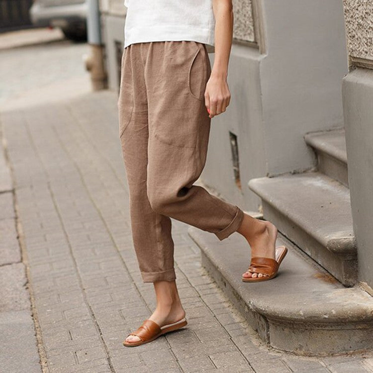 Women's Linen Cropped Pants Tapered Ankle Capris Trousers Elastic Waist - Seldom Seen Styles