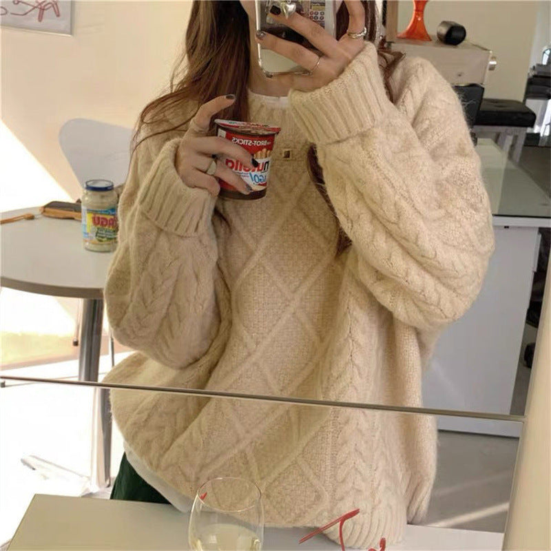 Autumn and Winter2024Loose-Fitting Outerwear Sweater Women's Pullover Fried Street New Gentle Japanese Sweet Cable-Knit Sweater