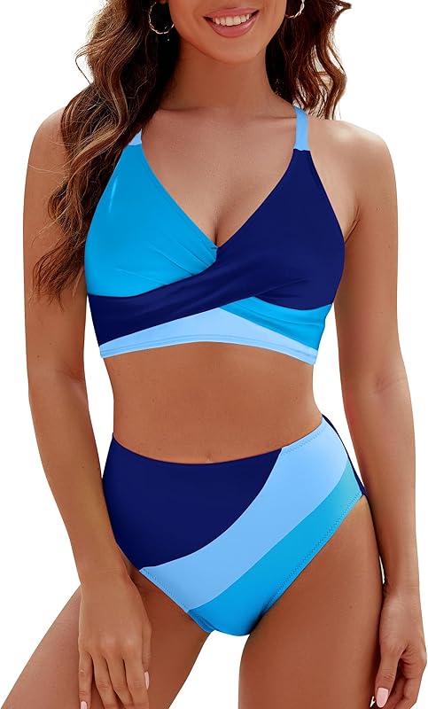 Womens High Waisted Bikini Sets Criss Cross Two Piece Swimsuits Color Block Full Coverage Bathing Suits - Seldom Seen Styles