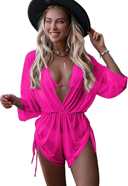 Women's 3 Piece Swimsuit Plain Sexy Drawstring Side Halter Triangle Bikini Set with Cover Up - Seldom Seen Styles