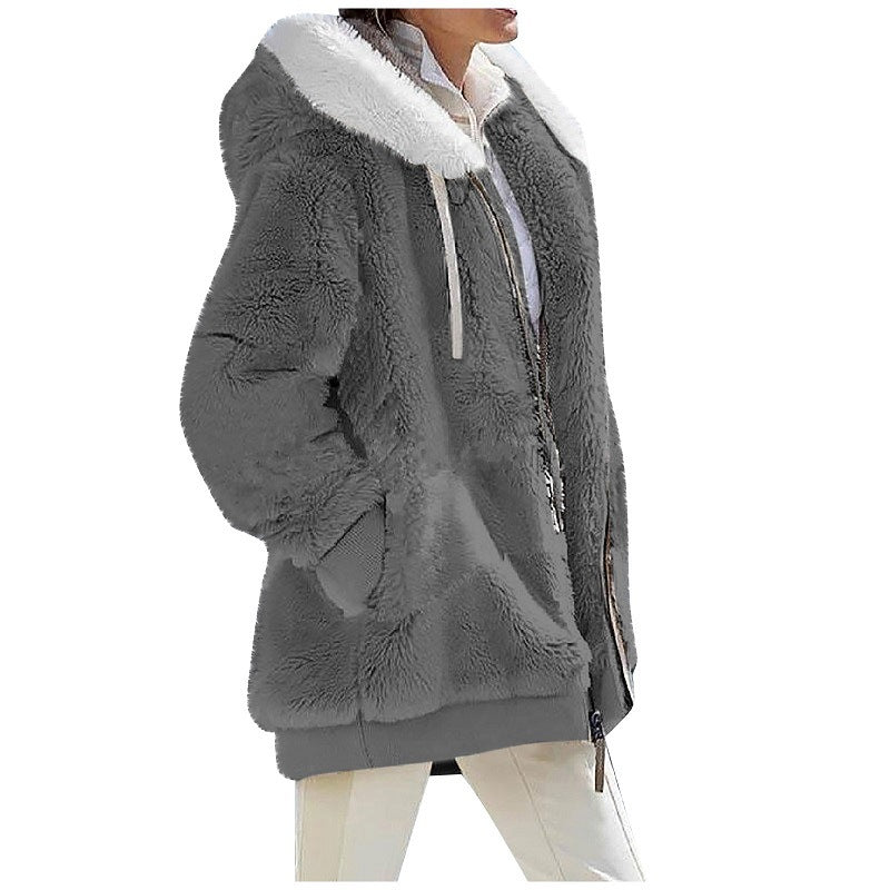 Grenzüberschreitendes Amazon Hot Europe und America2023 Herbst und Winter Loose Plush Long Sleeve Zipper Pocket Hooded Warm Jacket Women 