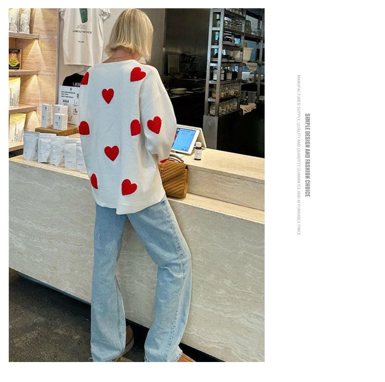 Women's Spring Heart Print Long Sleeve Crewneck Knitting Jumper, Comfort Round Neck Sweater for Daily Streetwear, Tiktop Shop, Lady's Top for Spring - Seldom Seen Styles