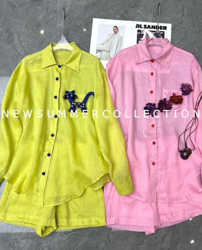Women's Linen Blend Button Shirt Shorts Set Floral Embroidery Summer Beach Vacation Two Piece Outfit