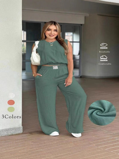 Two-Piece Set Women's Solid Color Tank Top & Wide Leg Pants Set, Casual Fashion Cozy Breathable Two-piece for Daily Outdoor Wear, Ladies Clothes for Summer, Suits