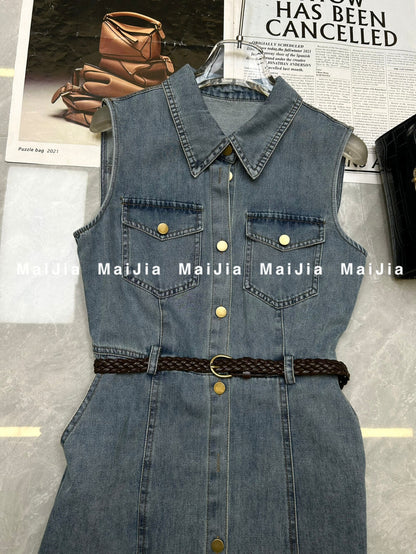 Women's Light Blue Denim Sleeveless A-Line Midi Dress Gold Button Dual Chest Pockets with Free Braided Belt S M L XL