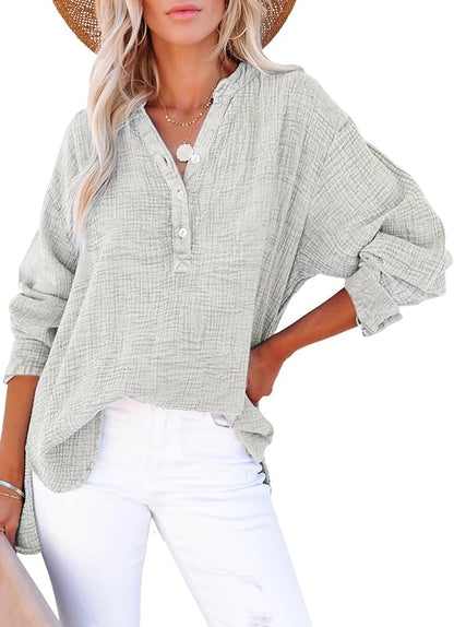 Womens Casual Button V Neck Long Sleeve Shirts Oversized Solid Blouses Tops