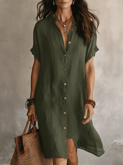 Modernes Boho-Kleid aus schwarzem Leinen, entspannt geschnitten und knielang