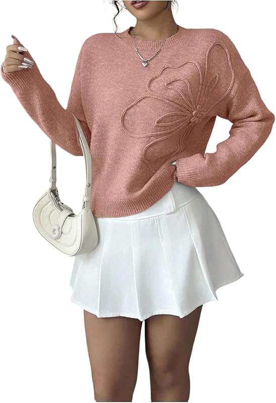 Women's 3D Floral Appliques Crewneck Sweaters Long Sleeve Drop Shoulder Pullovers Elegant Knit Tops - Seldom Seen Styles