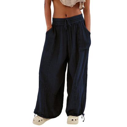Damen Casual Loose Fit Weite Beinhose Baumwolle Hose Kordelzug Nähte Baggy Pants Hose mit Taschen