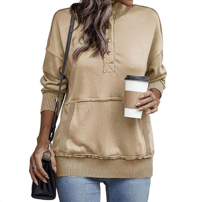2025 Women's Fall Pullover Mockneck Button Down Ribbed Fit Lightweight Cozy Oversized Long Sleeve Sweatshirt Kangaroo Pocket for Everyday Wear