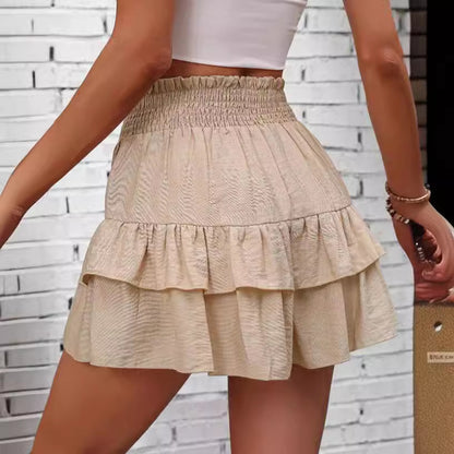 Women's Fabric Frill Trim Ruffle Hem Shirred High Waist Shorts, Fitted Basic Boho Relaxed Fit Casual Tiered Layer Shorts for Spring & Summer, Ladies Bottoms for Daily Wear, Elegance Vibe Womenswear, Minimalist Casual Fashionable Shorts