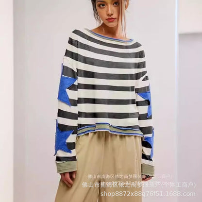 Damen Sommer Lose T-Shirt Stern Patch Langarm Rundhals Casual Tops Streetwear