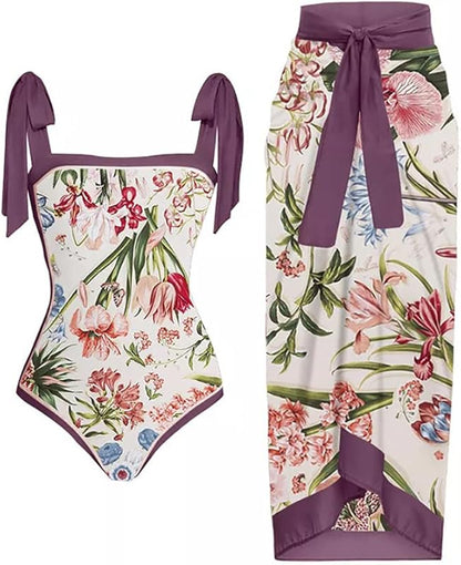 Women's 2 Pieces Sarong Swimsuit Set Sleeveless Floral Print Swimwear with Cover Up Bathing Suits Beachwear - Seldom Seen Styles