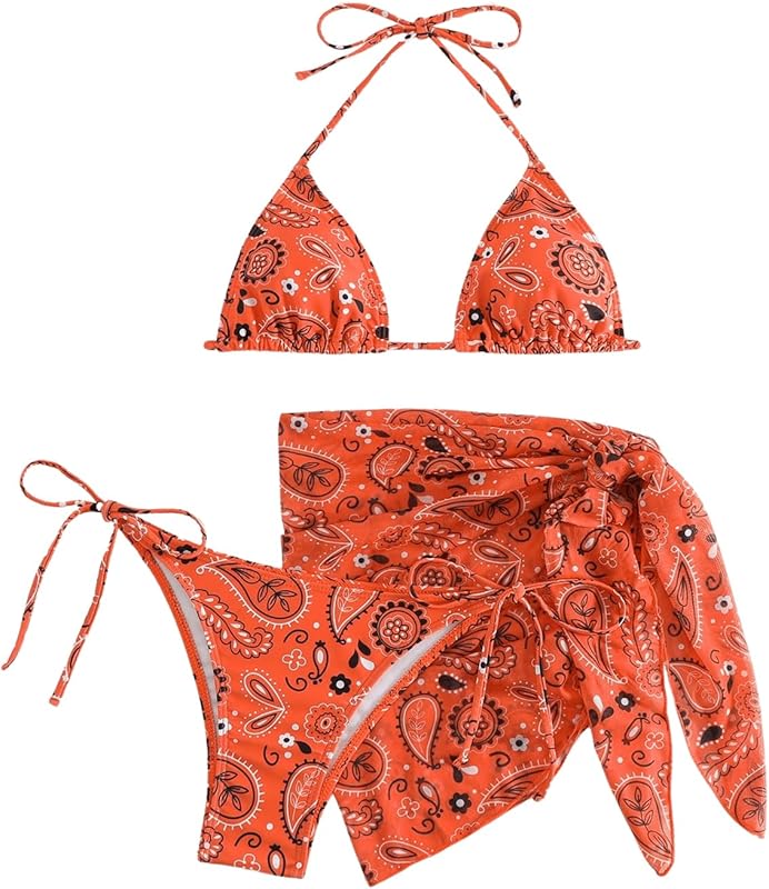 Bikini Sets for Women Paisley Print Halter Triangle Bathing Suit 3 Piece Swimsuit with Sarong Cover Up - Seldom Seen Styles