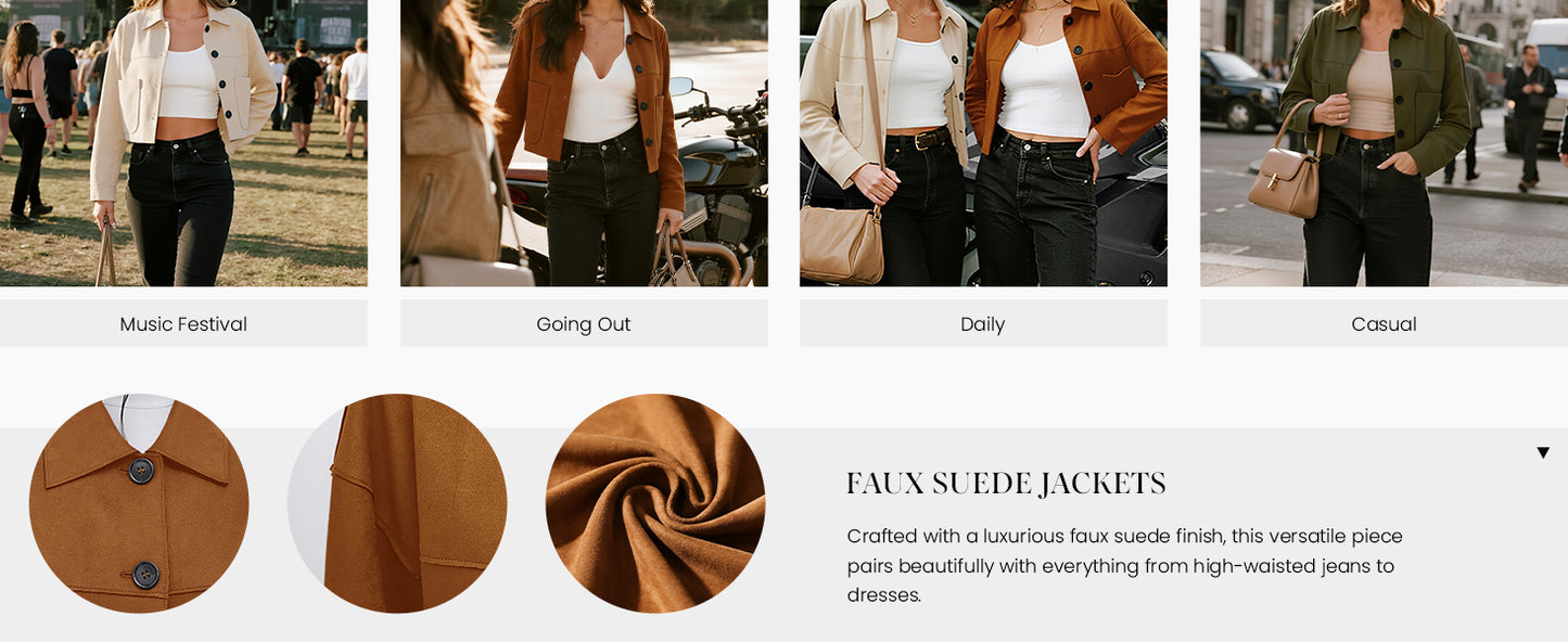 Women's Faux Suede Cropped Jacket Casual Lightweight Fall Fashion 2025 Winter Coats Outerwear Trendy Clothes - Seldom Seen Styles