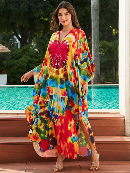 [Plus Size] Butterfly/feather Print Ruched Split Hem Tunic Dress, Valentine's Day Elegant Batwing Sleeve V Neck Long Dress for Summer, Casual Womenswear, Gift, Homecoming Dresses, Women's Clothes for Beach Holiday Vacation, Moo Moo Dresses