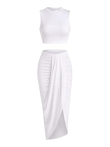 Women's Solid Crop Tank Top & Ruched Asymmetrical Hem Split Skirt Set, Chic Casual Mock Neck Sleeveless Top & High Waist Wrap Skirt, Womenswear Outfit - Seldom Seen Styles