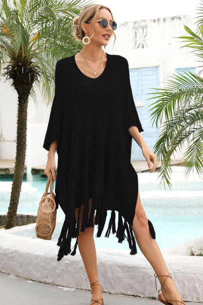 Fringe Trim Dolman Sleeve Openwork Cover Up