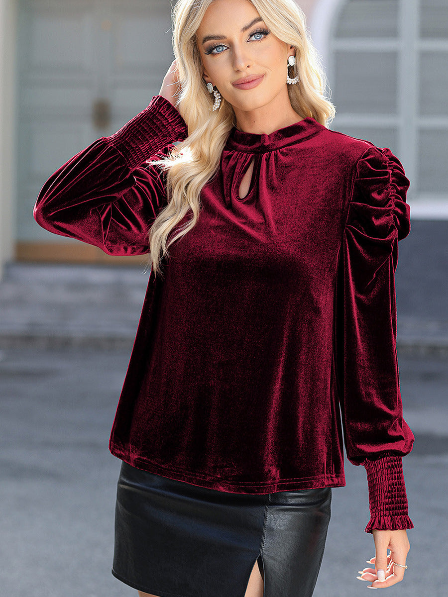 European and American Elegant Solid Color Velvet Chiffon Shirt Women2024Autumn New Fashion Pleating Stand Collar Pullover Women