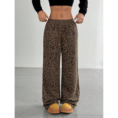 Damenhose mit Buchstaben-Leopardenmuster und geradem Bein, elastische Taille, Y2K-Hose, Unterteil mit Taschen