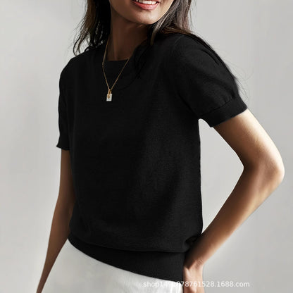 Women's Solid Color Crew Neck Short Sleeve Sweater, Chic Casual Basic Knit Pullover for Spring & Fall, Fashion Women's Knitwear for Daily Wear, Womenswear