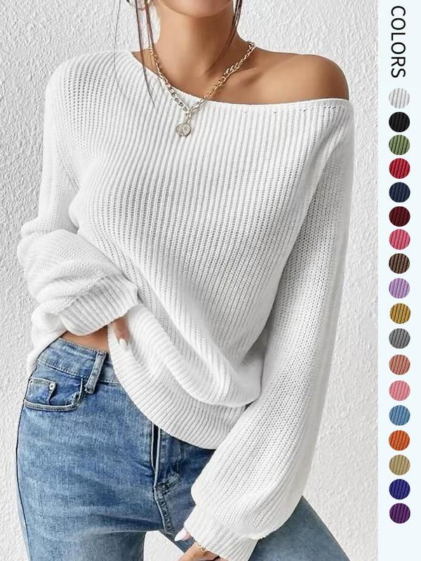 Women's Minimalist Solid Drop Shoulder Asymmetrical Neck Knit Top