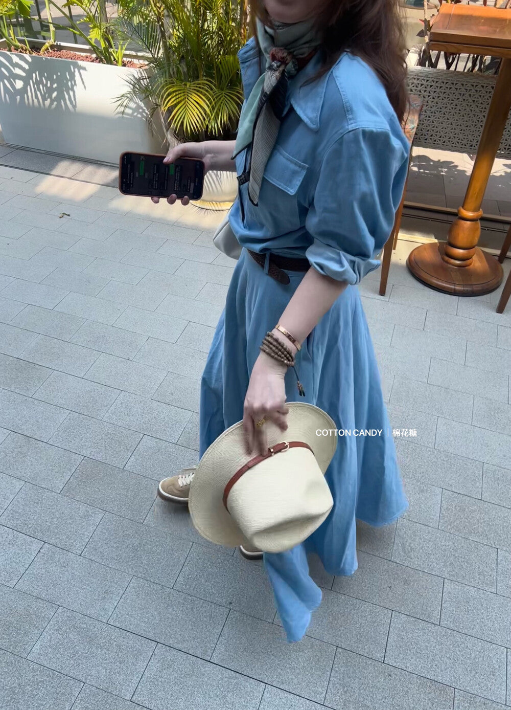 Women's Denim Short Sleeve Lapel Collar Gold Button Belted A-Line Maxi Dress Dual Chest Pockets with Free Braided Belt Dark Blue Light Blue S M Cotton Candy 288563 - Seldom Seen Styles