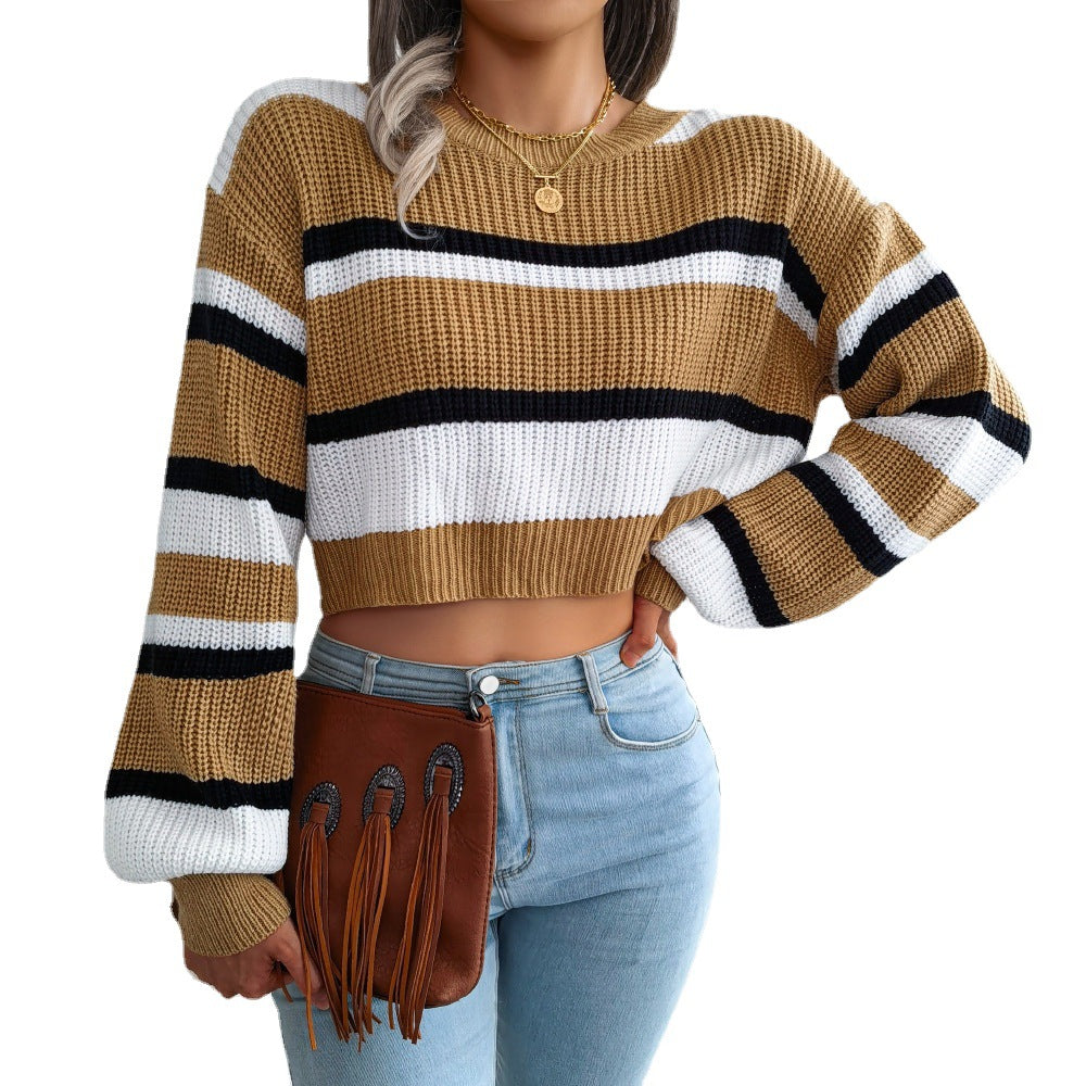 insWind Real Shot2024Autumn and Winter European and American Leisure Striped Long Sleeves Cropped Knitted Sweater Independent Station Cross-Border Women's Clothing