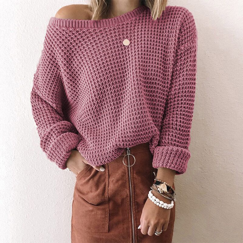 2023European and American New Sweater Women's Solid Color Loose Diagonal Collar Long-Sleeved Knitted Top Amazon Autumn and Winter Sweater