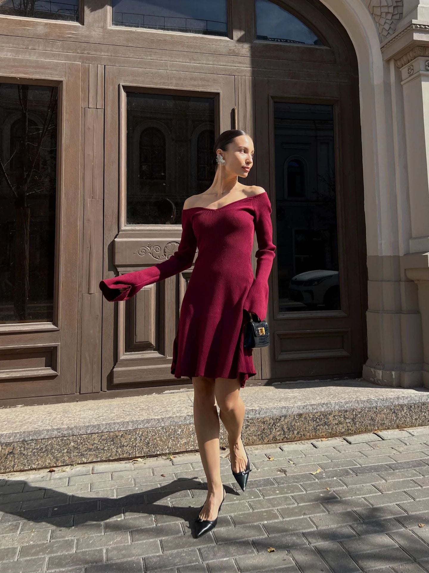 off-Shoulder Dress Woolen Skirt Sexy Knitted Dress Long Sleeve Short Dress Thickened A- line Europe and America Cross Border Autumn and Winter Skirt