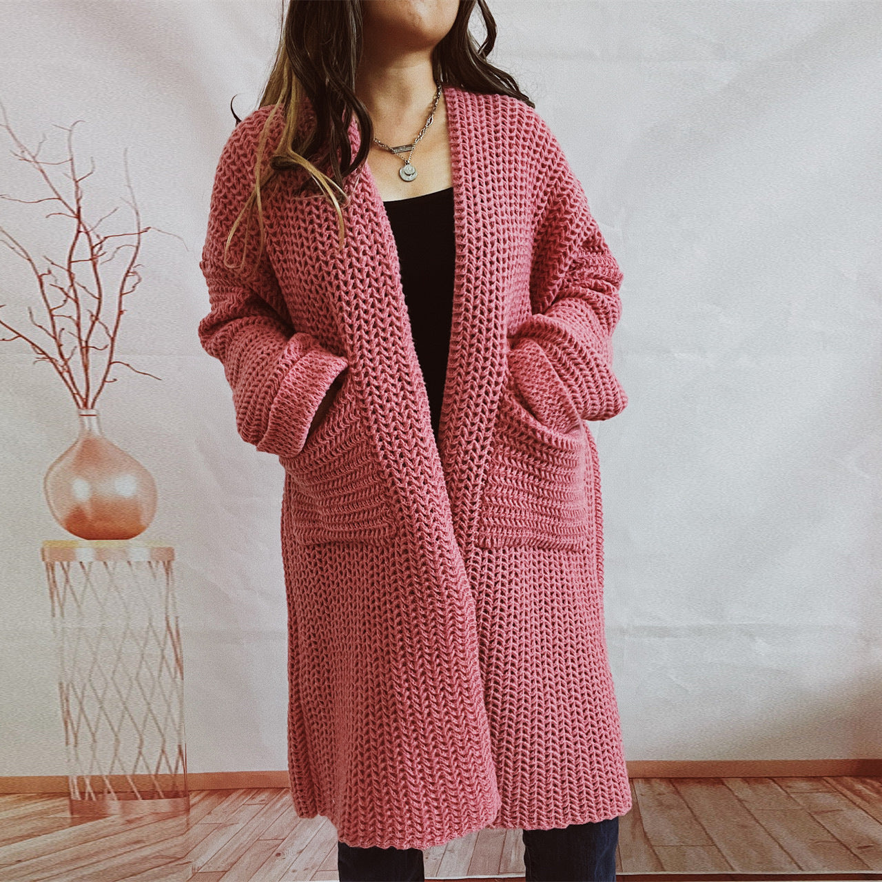 2024Cross-Border Amazon Autumn and Winter New Loose Solid Color Large Pocket Thickened Long Knitted Cardigan Sweater Coat