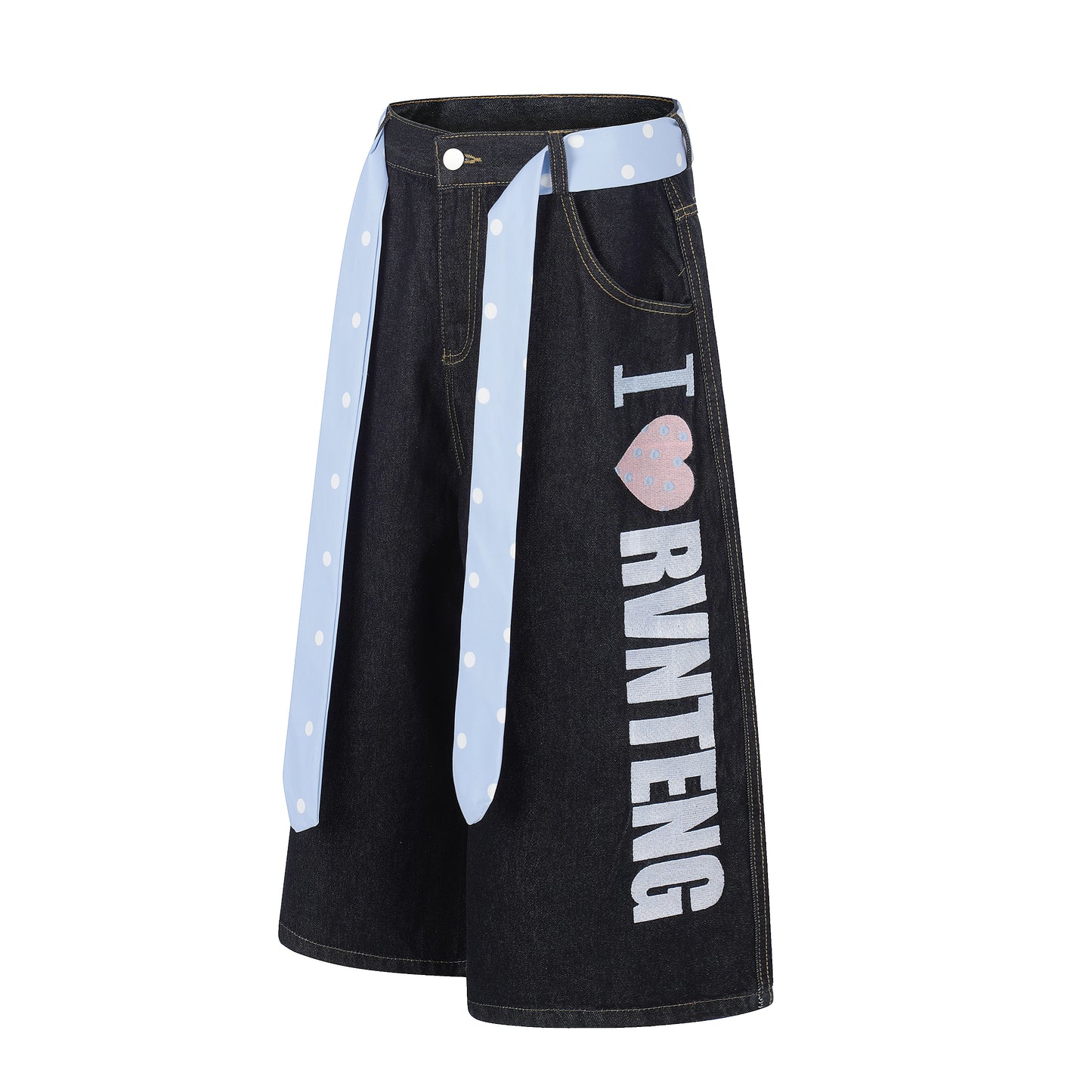 Women's I Love RVNTENG Wide Leg Denim Shorts - Blue Side View with Tie
