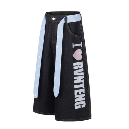 Women's I Love RVNTENG Letter Print Polka Dot Tie Wide Leg Denim Shorts High Waist Casual Streetwear Jean Shorts