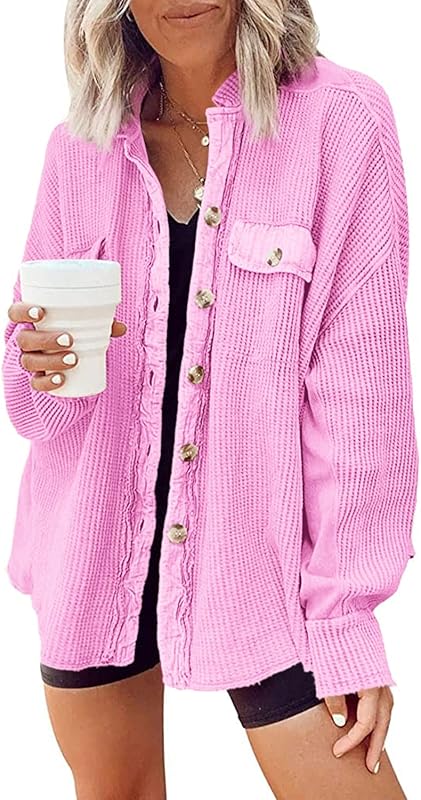 Yanekop Womens Waffle Knit Shacket Oversized Shirt Jacket Button Down Blouse Loose Fit Long Sleeve Tops