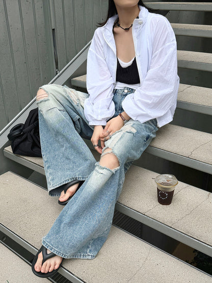 Women's Distressed Ripped Wide Leg Jeans High Waist Baggy Denim Pants Streetwear Y2K Casual Summer Outfit