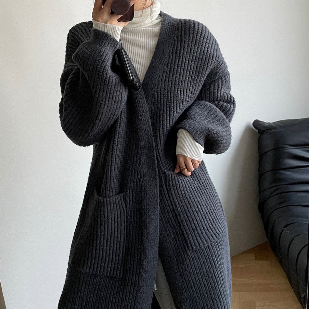 Autumn and Winter New Khaki Thickened Lazy and Loose Large Sweater Coat Female Korean Style High Sense Long Knitted Cardigan